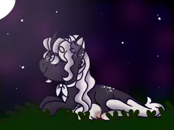 Size: 845x632 | Tagged: safe, artist:chatonettes, derpibooru import, oc, unofficial characters only, pony, unicorn, female, full moon, horn, image, lying down, mare, moon, night, outdoors, png, prone, smiling, stars, unicorn oc