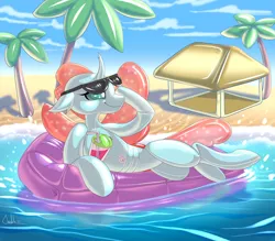 Size: 1280x1120 | Tagged: safe, artist:mekh, derpibooru import, ocellus, changedling, changeling, beach, commission, digital art, female, floating, hooves, horn, image, inflatable changeling, jpeg, latex, living latex, ocean, palm tree, pool toy, sky, smiling, solo, tail, tree, wings