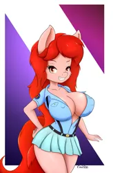 Size: 1151x1750 | Tagged: suggestive, artist:canister, derpibooru import, oc, unofficial characters only, anthro, earth pony, big breasts, breasts, clothes, commission, digital art, hand on hip, image, looking at you, png, simple background, smiling, smiling at you, tail, wide hips, ych result