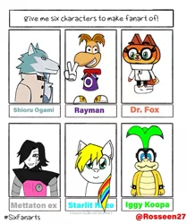 Size: 893x1067 | Tagged: safe, artist:rosseen27, derpibooru import, oc, anthro, earth pony, fox, pony, robot, wolf, six fanarts, anthro with ponies, bust, clothes, crossover, earth pony oc, female, furry, iggy koopa, image, jpeg, male, mettaton ex, multicolored hair, peace sign, rainbow hair, rayman, super mario bros., undertale