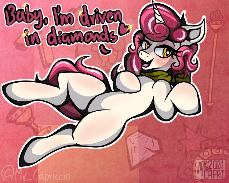 Size: 3750x3000 | Tagged: safe, artist:mrcapriccio, derpibooru import, oc, oc:dolce spiaro, unofficial characters only, pony, unicorn, dialogue, diamond, female, floating, high res, image, jpeg, looking at you, lying down, on back, sexy, simple background, solo, solo female, treasure