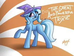 Size: 1280x962 | Tagged: safe, artist:supermoix, derpibooru import, trixie, pony, unicorn, floppy ears, image, jpeg, looking at you, magic wand, mouth hold, smiling, solo, wand