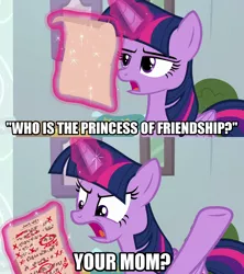 Size: 1280x1440 | Tagged: safe, derpibooru import, edit, edited screencap, editor:jaredking203, screencap, twilight sparkle, twilight sparkle (alicorn), alicorn, pony, marks for effort, caption, female, image, image macro, levitation, magic, mare, meme, png, solo, telekinesis, text, your mom