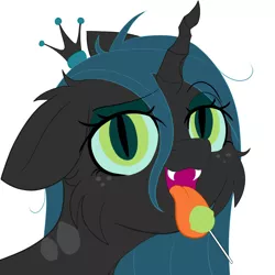 Size: 1920x1920 | Tagged: safe, artist:fajnyziomal, derpibooru import, queen chrysalis, changeling, changeling queen, bust, candy, cheek fluff, cute, cutealis, fangs, female, floppy ears, food, image, jpeg, licking, lollipop, open mouth, simple background, solo, tongue out, white background
