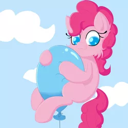 Size: 1920x1920 | Tagged: safe, artist:fajnyziomal, derpibooru import, pinkie pie, earth pony, pony, balloon, cheek fluff, colored pupils, female, image, mare, png, sky background, solo