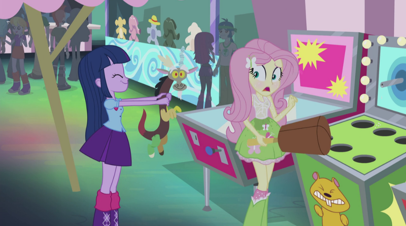 Size: 1080x602 | Tagged: questionable, artist:twinet, derpibooru import, edit, edited screencap, screencap, discord, fluttershy, twilight sparkle, draconequus, equestria girls, perfect day for fun, rainbow rocks, arcade game, background human, blushing, braless, breasts, clothes, duo focus, embarrassed, exhibitionism, fair, hairpin, image, nipples, nudity, oblivious, partial nudity, partial nudity edit, plushie, png, public nudity, shirt, toy, wet, wet clothes, wet shirt, wet skirt, whack a mole