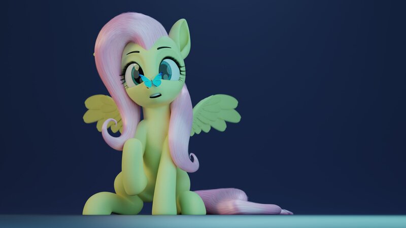 Size: 2048x1152 | Tagged: safe, artist:skytails, derpibooru import, fluttershy, butterfly, insect, pegasus, pony, 3d, butterfly on nose, cute, female, image, insect on nose, jpeg, mare, shyabetes, sitting, solo, spread wings, wings