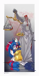 Size: 1039x2000 | Tagged: semi-grimdark, artist:kez, derpibooru import, oc, unofficial characters only, pony, unicorn, blood, context is for the weak, decapitated, image, justice, justitia, lady justice (goddess), png, scales of justice, solo, statue