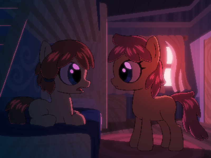 Size: 800x600 | Tagged: safe, artist:rangelost, derpibooru import, oc, oc:honourshine, oc:trailblazer, unofficial characters only, pony, cyoa:d20 pony, bed, bedroom, duo, evening, female, filly, image, indoors, looking at each other, lying down, png, profile, standing, story included