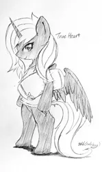 Size: 2322x3896 | Tagged: safe, artist:9air, derpibooru import, oc, oc:true heart, unofficial characters only, alicorn, semi-anthro, alicorn oc, commission, grayscale, horn, image, jpeg, monochrome, not luna, pencil drawing, pillow, solo, traditional art, wings