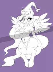 Size: 3560x4800 | Tagged: suggestive, alternate version, artist:9air, derpibooru import, princess luna, alicorn, anthro, unguligrade anthro, arm hooves, breasts, butt, cleavage, clothes, cute little fangs, disproportional anatomy, fangs, female, halloween, hat, holiday, huge butt, image, jpeg, large butt, lineart, mare, midriff, open mouth, skimpy outfit, socks, solo, solo female, spread wings, thigh highs, wide hips, wings, witch hat