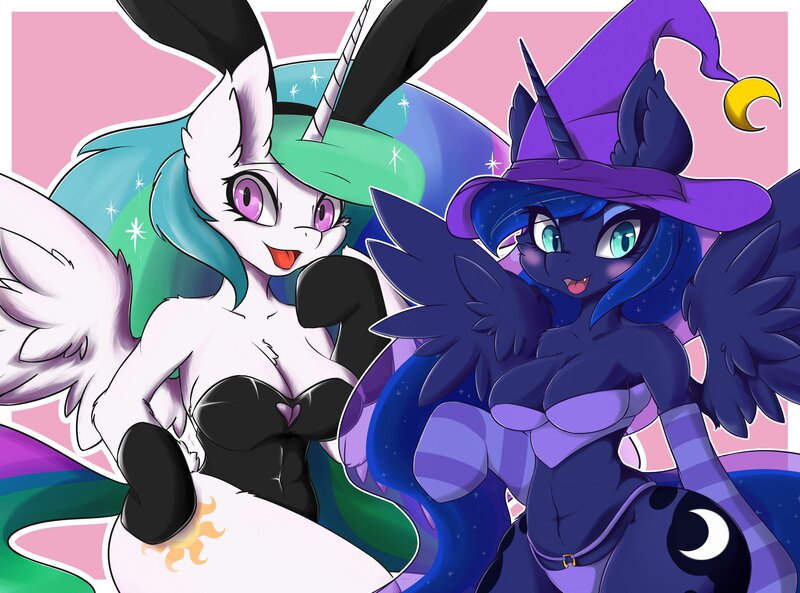 Size: 4096x3038 | Tagged: suggestive, alternate version, artist:9air, derpibooru import, princess celestia, princess luna, alicorn, anthro, animal costume, arm hooves, blushing, breasts, bunny ears, bunny suit, bunnylestia, butt, cleavage, clothes, costume, cute little fangs, cutie mark, disproportional anatomy, duo, fangs, female, halloween, halloween costume, hat, holiday, huge butt, image, jpeg, large butt, leotard, looking at you, mare, midriff, open mouth, skimpy outfit, spread wings, sunbutt, tongue out, wide hips, wings, witch hat