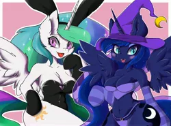 Size: 4096x3038 | Tagged: suggestive, alternate version, artist:9air, derpibooru import, princess celestia, princess luna, alicorn, anthro, animal costume, arm hooves, blushing, breasts, bunny ears, bunny suit, bunnylestia, butt, cleavage, clothes, costume, cute little fangs, cutie mark, disproportional anatomy, duo, fangs, female, halloween, halloween costume, hat, holiday, huge butt, image, jpeg, large butt, leotard, looking at you, mare, midriff, open mouth, skimpy outfit, spread wings, sunbutt, tongue out, wide hips, wings, witch hat