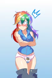 Size: 1333x2000 | Tagged: suggestive, artist:imsomethingradical, derpibooru import, rainbow dash, human, anime, clothes, dark magician girl, embarrassed, embarrassed underwear exposure, female, gradient background, humanized, image, nudity, png, solo, underwear, yu-gi-oh!