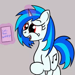 Size: 1200x1200 | Tagged: safe, artist:dafiltafish, derpibooru import, vinyl scratch, pony, unicorn, female, gray background, image, implied octavia, laughing, mare, mute vinyl, png, red eyes, simple background, solo, text