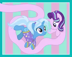 Size: 9381x7418 | Tagged: safe, artist:thatusualguy06, derpibooru import, starlight glimmer, trixie, pony, unicorn, abstract background, absurd resolution, alternate hairstyle, babysitter trixie, clothes, duo, female, hoodie, image, long glimmer, long pony, looking at each other, mare, meme, png, vector