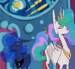 Size: 1340x1242 | Tagged: safe, artist:4rkrot, artist:fake_anna, artist:fakeanna, derpibooru import, princess celestia, princess luna, alicorn, pony, sparkle's seven, annoyed, canterlot castle, canterlot throne room, celestia is not amused, crown, duo, ethereal mane, faic, female, floppy ears, frown, grumpy, image, jewelry, looking at each other, luna is not amused, mare, multicolored mane, narrowed eyes, png, regalia, royal sisters, scene interpretation, siblings, sideways glance, sisters, stained glass, starry mane, throne, unamused