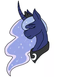 Size: 768x1024 | Tagged: safe, alternate version, artist:agdapl, derpibooru import, princess luna, alicorn, pony, bust, colored, curved horn, ethereal mane, eyes closed, female, horn, image, jewelry, mare, peytral, png, simple background, solo, starry mane, tiara, white background