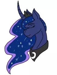 Size: 768x1024 | Tagged: safe, alternate version, artist:agdapl, derpibooru import, princess luna, alicorn, pony, bust, colored, curved horn, ethereal mane, eyes closed, female, horn, image, jewelry, mare, peytral, png, simple background, solo, starry mane, tiara, white background