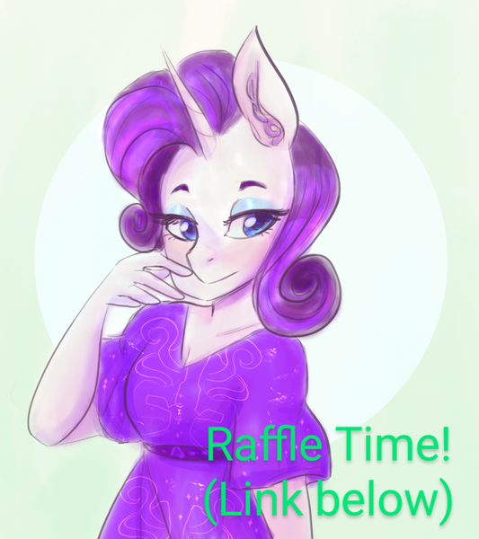 Size: 866x975 | Tagged: safe, artist:mimiporcellini, derpibooru import, rarity, anthro, advertisement, female, image, png, raffle, solo, solo female