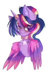 Size: 484x749 | Tagged: safe, artist:heartbloodlovesart, derpibooru import, twilight sparkle, twilight sparkle (alicorn), alicorn, pony, alternate design, bust, chest fluff, choker, ear fluff, eye clipping through hair, eyebrows visible through hair, female, glasses, hair bun, horn, horn ring, image, jewelry, mare, png, rainbow power, ring, simple background, solo, white background