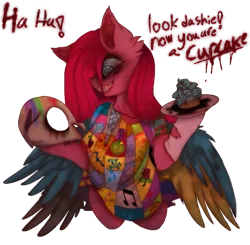 Size: 677x663 | Tagged: grimdark, artist:heartbloodlovesart, derpibooru import, pinkie pie, earth pony, pony, fanfic:cupcakes, crazy grin, cupcake, cutie mark dress, female, food, horn necklace, image, implied rainbow dash, mare, pinkamena diane pie, png, simple background, skull, transparent background, wings