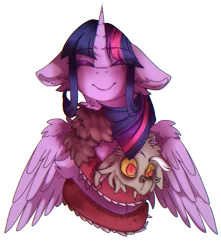 Size: 749x849 | Tagged: grimdark, artist:heartbloodlovesart, derpibooru import, discord, twilight sparkle, twilight sparkle (alicorn), alicorn, pony, clothes, corpse, death, duo, eyes closed, female, floppy ears, image, mare, png, scarf, simple background, smiling, transparent background