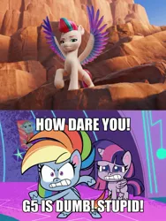 Size: 1717x2289 | Tagged: safe, derpibooru import, rainbow dash, twilight sparkle, alicorn, g5, my little pony: pony life, spoiler:pony life s02e11, angry, drama, g4 purist, g5 drama, gritted teeth, image, jpeg, op is a duck, op isn't even trying anymore, planet of the apps, rage, ragebow dash, twilight sparkle (alicorn), zipp storm