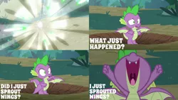 Size: 1280x720 | Tagged: safe, derpibooru import, edit, edited screencap, editor:quoterific, screencap, spike, dragon, pony, molt down, forest, image, jpeg, male, open mouth, spread wings, stallion, transformation, tree, volumetric mouth, wide eyes, winged spike, wings