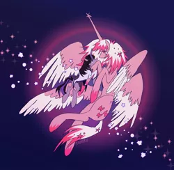 Size: 2048x2000 | Tagged: safe, artist:rainaru, derpibooru import, ponified, alicorn, pony, unicorn, crossover, female, four wings, goddess, homura akemi, image, jpeg, lesbian, madoka kaname, magical girl, multiple wings, puella magi madoka magica, shipping, traditional art, wings