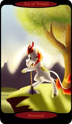 Size: 1500x2591 | Tagged: safe, artist:sixes&sevens, derpibooru import, part of a set, autumn blaze, kirin, ace of wands, bipedal, bipedal leaning, cliff, dawn, female, image, leaning, minor arcana, mountain, mountain range, outdoors, png, pointing, solo, tarot card, tree, walking stick