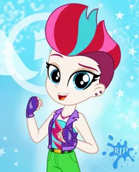 Size: 850x1050 | Tagged: safe, artist:rjp.rammy, derpibooru import, zipp storm, equestria girls, alternate hairstyle, belt, clothes, ear piercing, earring, equestria girls-ified, female, fingerless gloves, g5, g5 to equestria girls, gloves, image, jacket, jeans, jewelry, jpeg, leather jacket, necklace, open mouth, pants, piercing, sleeveless, solo