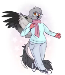 Size: 443x507 | Tagged: safe, artist:pigeorgien, derpibooru import, oc, oc:geraldine(pigeorgien), unofficial characters only, anthro, gryphon, plantigrade anthro, beak, clothes, female, griffon oc, image, jeans, looking at you, open beak, open mouth, pants, png, scarf, shoes, smiling, smiling at you, sneakers, solo, spread wings, sweater, wings