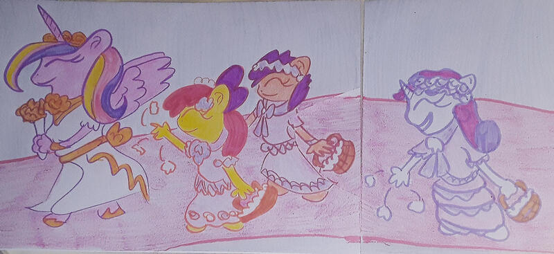 Size: 1280x587 | Tagged: safe, artist:dex stewart, derpibooru import, apple bloom, princess cadance, scootaloo, sweetie belle, alicorn, anthro, earth pony, pegasus, pony, unicorn, a canterlot wedding, clothes, dress, image, jpeg, traditional art, wedding dress