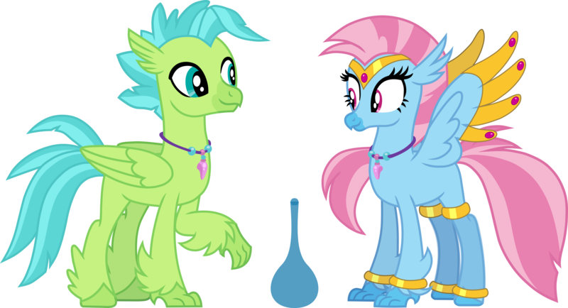 Size: 5742x3112 | Tagged: safe, artist:ethanjacobsyrosca, derpibooru import, oc, oc:bottlegriff, oc:wishgriff, unofficial characters only, classical hippogriff, genie, hippogriff, absurd resolution, bottle, bracelet, brother and sister, circlet, clothes, female, fraternal twins, hippogriff oc, image, jewelry, leggings, male, png, siblings, simple background, transparent background, vector, wing jewelry