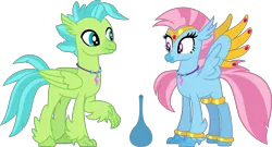 Size: 5742x3112 | Tagged: safe, artist:ethanjacobsyrosca, derpibooru import, oc, oc:bottlegriff, oc:wishgriff, unofficial characters only, classical hippogriff, genie, hippogriff, absurd resolution, bottle, bracelet, brother and sister, circlet, clothes, female, fraternal twins, hippogriff oc, image, jewelry, leggings, male, png, siblings, simple background, transparent background, vector, wing jewelry