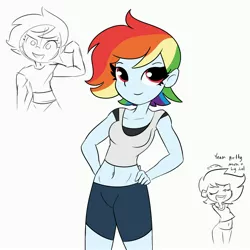 Size: 3000x3000 | Tagged: safe, artist:tjpones, derpibooru import, rainbow dash, equestria girls, alternate hairstyle, belly button, breasts, clothes, compression shorts, delicious flat chest, female, flexing, hand on hip, image, jpeg, looking at you, midriff, short hair, short hair rainbow dash, simple background, solo, stretching, tomboy, toned, toned female, white background