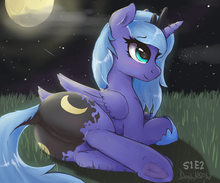 Size: 2498x2080 | Tagged: suggestive, artist:dosh, derpibooru import, princess luna, alicorn, pony, series:dosh's mare-a-thon, friendship is magic, both cutie marks, butt, crown, female, frog (hoof), hooves, image, jewelry, mare, moon, moonbutt, night, night sky, outdoors, plot, png, regalia, s1 luna, sky, smiling, solo, solo female, stars, underhoof