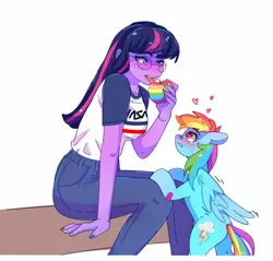 Size: 1368x1306 | Tagged: safe, artist:aaa-its-spook, derpibooru import, rainbow dash, sci-twi, twilight sparkle, human, pegasus, pony, equestria girls, equestria girls series, apple, bandaid, blushing, clothes, eating, female, flirting, floating heart, food, glasses, heart, heart eyes, holding, image, interspecies, jeans, jpeg, leaning forward, lesbian, licking, looking at each other, looking up, nasa, painted nails, pants, scitwidash, shipping, sitting, spread wings, suggestive eating, sweat, tongue out, twidash, wingboner, wingding eyes, wings, zap apple
