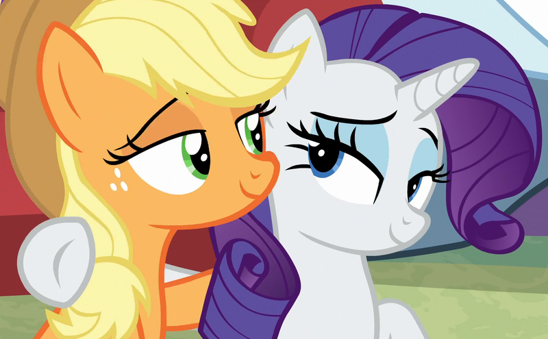 Size: 1400x866 | Tagged: safe, derpibooru import, screencap, applejack, rarity, earth pony, pony, unicorn, best gift ever, awww, best friends, cropped, cute, duo, eye contact, female, hnnng, image, lidded eyes, looking at each other, mare, png, shipping fuel, side hug, smiling