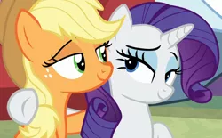 Size: 1400x866 | Tagged: safe, derpibooru import, screencap, applejack, rarity, earth pony, pony, unicorn, best gift ever, awww, best friends, cropped, cute, duo, eye contact, female, hnnng, image, lidded eyes, looking at each other, mare, png, shipping fuel, side hug, smiling