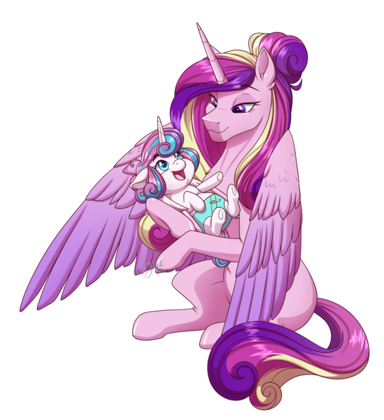 Size: 3089x3378 | Tagged: safe, artist:jack-pie, derpibooru import, princess cadance, princess flurry heart, alicorn, pony, baby, baby pony, colored wings, cute, female, filly, flurrybetes, foal, hair bun, happy, image, mare, mother and child, mother and daughter, multicolored wings, open mouth, png, simple background, smiling, transparent background, weapons-grade cute, wings