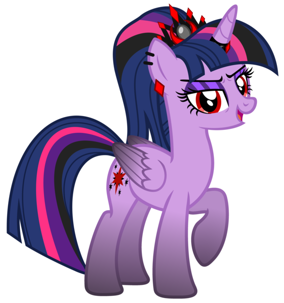 Size: 4684x4995 | Tagged: safe, artist:severity-gray, derpibooru import, twilight sparkle, twilight sparkle (alicorn), alicorn, pony, altered cutie mark, alternate hairstyle, alternate timeline, alternate universe, corrupted, corrupted twilight sparkle, crown, dark magic, ear piercing, eyeshadow, horn, horn ring, image, jewelry, magic, makeup, piercing, png, ponytail, raised hoof, red eyes, regalia, ring, simple background, solo, transparent background