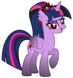 Size: 4684x4995 | Tagged: safe, artist:severity-gray, derpibooru import, twilight sparkle, twilight sparkle (alicorn), alicorn, pony, altered cutie mark, alternate hairstyle, alternate timeline, alternate universe, corrupted, corrupted twilight sparkle, crown, dark magic, ear piercing, eyeshadow, horn, horn ring, image, jewelry, magic, makeup, piercing, png, ponytail, raised hoof, red eyes, regalia, ring, simple background, solo, transparent background