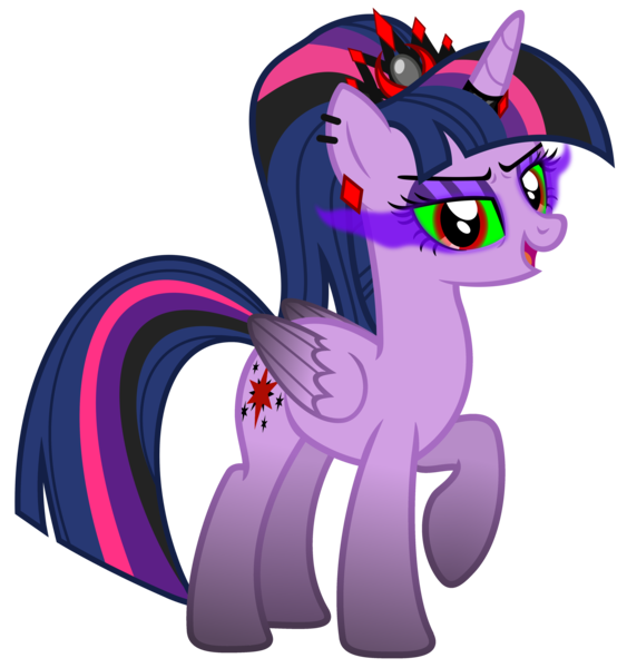 Size: 4684x4995 | Tagged: safe, alternate version, artist:severity-gray, derpibooru import, twilight sparkle, twilight sparkle (alicorn), alicorn, pony, altered cutie mark, alternate hairstyle, alternate timeline, alternate universe, corrupted, corrupted twilight sparkle, crown, dark magic, ear piercing, eyeshadow, horn, horn ring, image, jewelry, magic, makeup, piercing, png, raised hoof, regalia, ring, simple background, solo, sombra eyes, transparent background