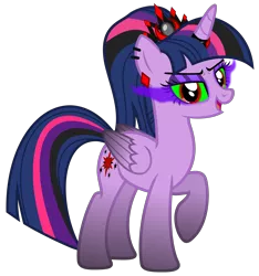 Size: 4684x4995 | Tagged: safe, alternate version, artist:severity-gray, derpibooru import, twilight sparkle, twilight sparkle (alicorn), alicorn, pony, altered cutie mark, alternate hairstyle, alternate timeline, alternate universe, corrupted, corrupted twilight sparkle, crown, dark magic, ear piercing, eyeshadow, horn, horn ring, image, jewelry, magic, makeup, piercing, png, raised hoof, regalia, ring, simple background, solo, sombra eyes, transparent background