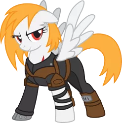 Size: 2069x2096 | Tagged: safe, artist:lightning stripe, derpibooru import, oc, oc:blazen trail, unofficial characters only, pegasus, pony, 2018, armor, clothes, derpibooru exclusive, eyelashes, fallout, image, leather armor, orange hair, orange mane, orange tail, png, red eyes, show accurate, simple background, solo, transparent background, vector