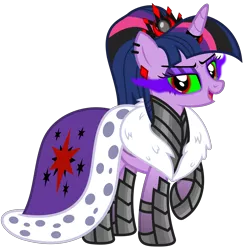 Size: 4933x5000 | Tagged: safe, alternate version, artist:severity-gray, derpibooru import, twilight sparkle, twilight sparkle (alicorn), alicorn, pony, altered cutie mark, alternate hairstyle, alternate timeline, alternate universe, cape, clothes, corrupted, corrupted twilight sparkle, crown, cutie mark, cutie mark on clothes, dark magic, ear piercing, eyeshadow, horn, horn ring, image, jewelry, magic, makeup, piercing, png, raised hoof, regalia, ring, simple background, solo, sombra eyes, transparent background