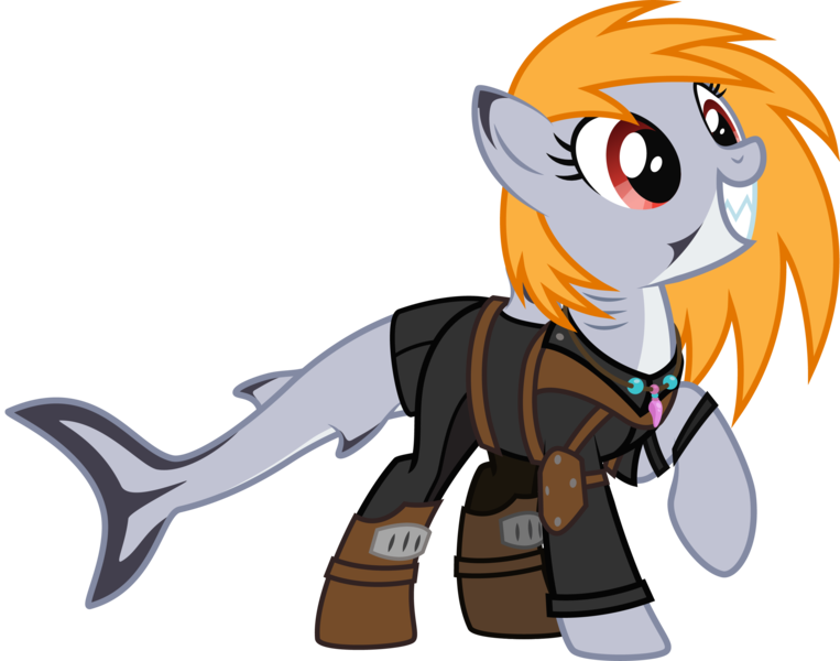 Size: 2786x2191 | Tagged: safe, artist:lightning stripe, derpibooru import, oc, oc:blazen trail, unofficial characters only, hybrid, original species, pony, shark, shark pony, 2021, armor, clothes, commission, cute, derpibooru exclusive, eyelashes, fallout, grin, image, jewelry, leather armor, necklace, ocbetes, one hoof raised, orange hair, orange mane, png, red eyes, shark tail, shark teeth, sharp teeth, show accurate, simple background, smiling, solo, teeth, transparent background, vector