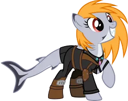 Size: 2786x2191 | Tagged: safe, artist:lightning stripe, derpibooru import, oc, oc:blazen trail, unofficial characters only, hybrid, original species, pony, shark, shark pony, 2021, armor, clothes, commission, cute, derpibooru exclusive, eyelashes, fallout, grin, image, jewelry, leather armor, necklace, ocbetes, one hoof raised, orange hair, orange mane, png, red eyes, shark tail, shark teeth, sharp teeth, show accurate, simple background, smiling, solo, teeth, transparent background, vector